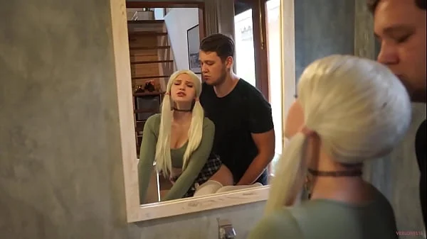 Sucked on a dare and was fucked hard by a blonde in a student uniform and moans loudly